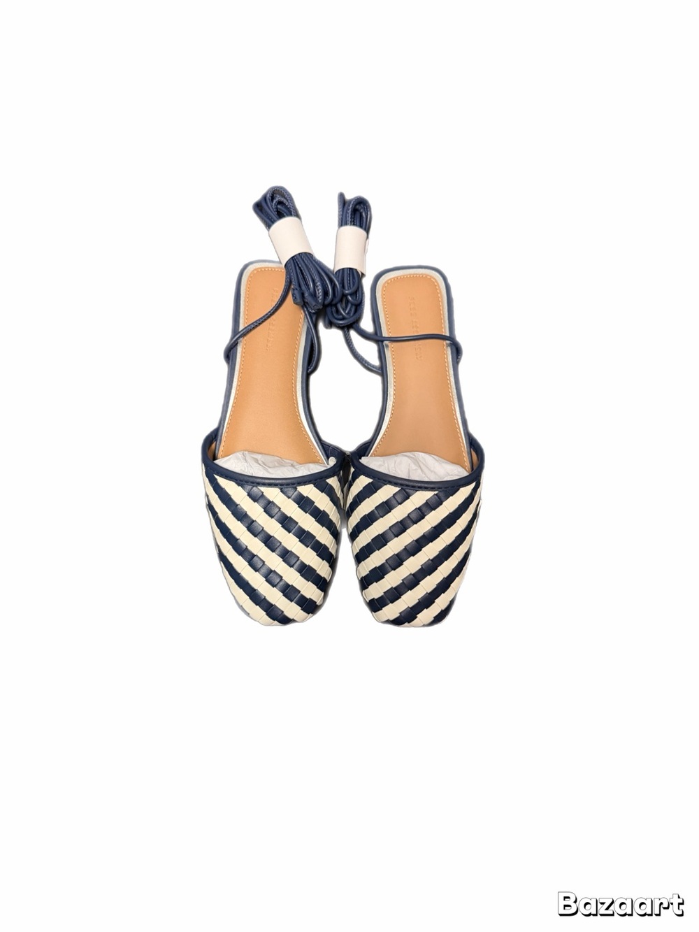 Navy and Cream Woven Lace-Up Women’s Flats